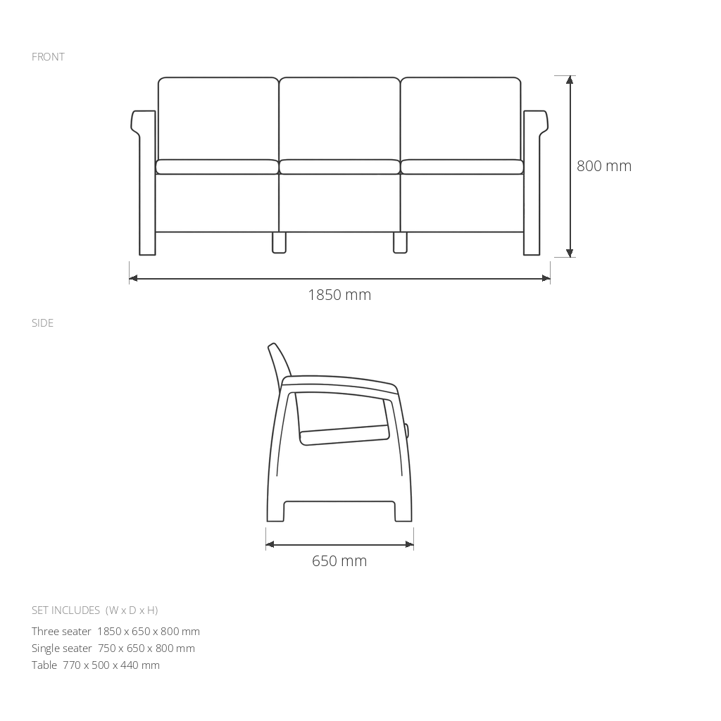 Home Needs Brown Rattan Sofa Set dimensions drawing