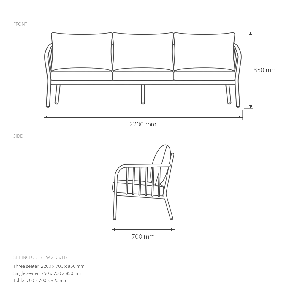 Garden Sofa Set #SL-6002-3 dimensions drawing