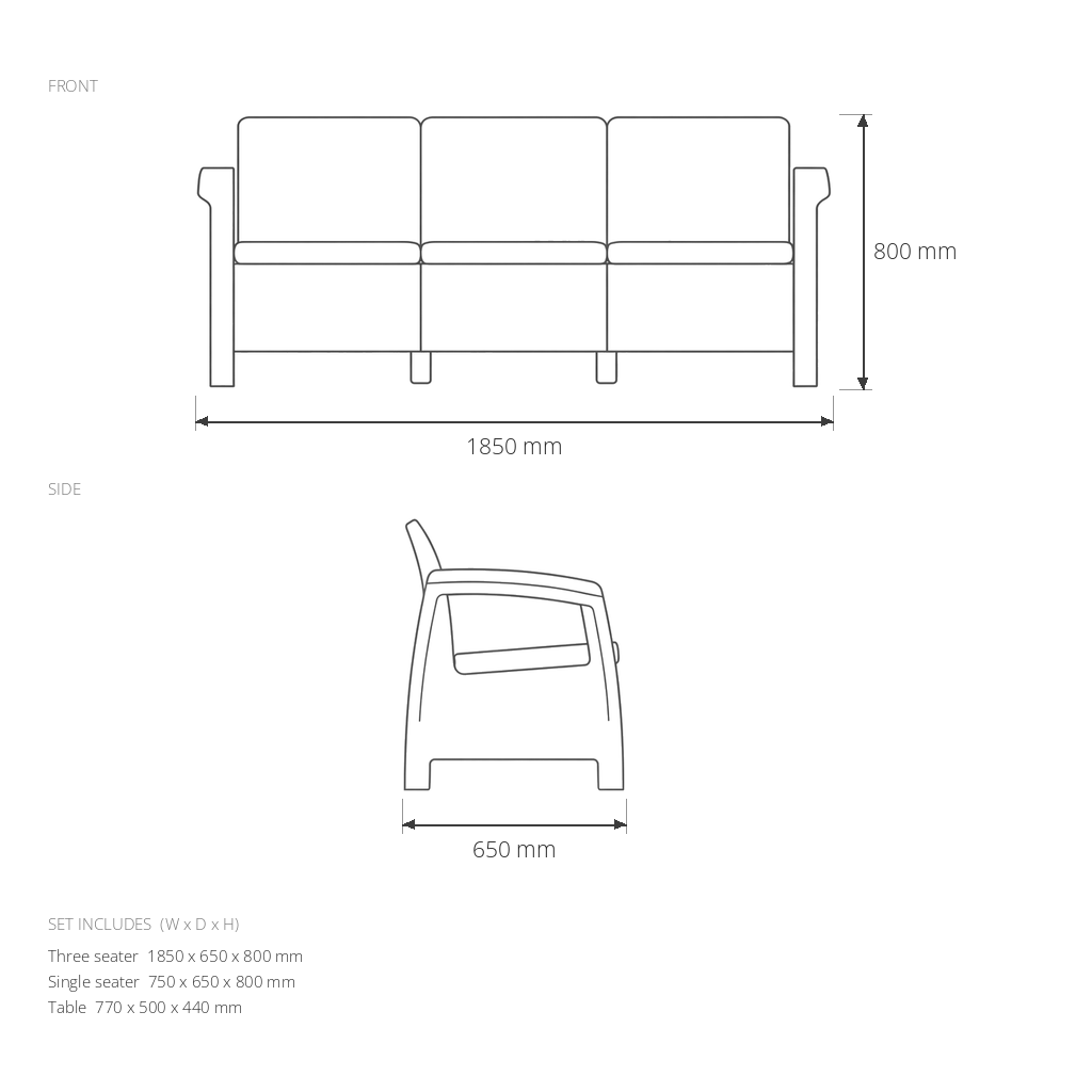 Home Needs Ash Rattan Sofa Set dimensions drawing