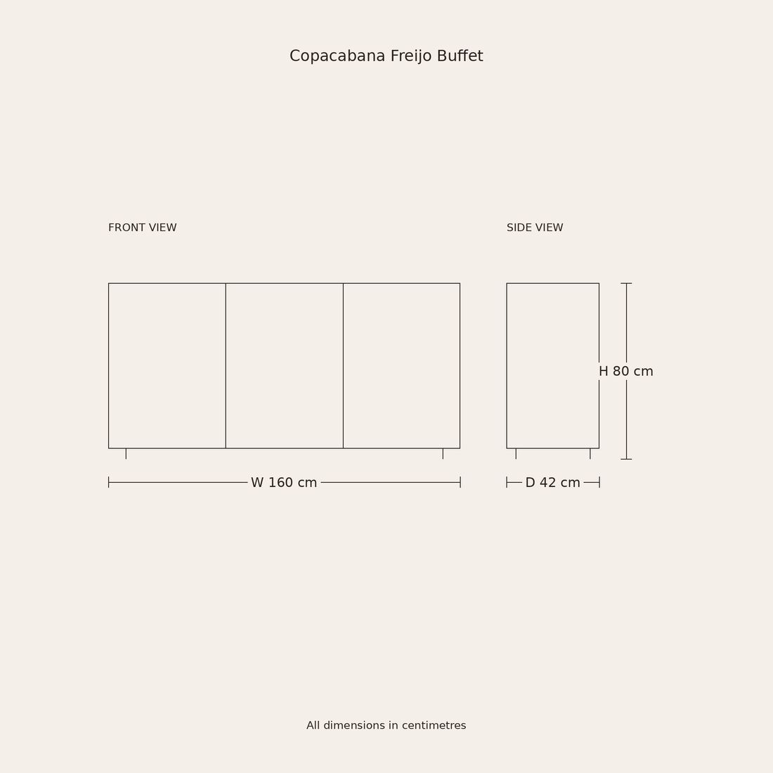 Copacabana Freijo Buffet dimensions drawing: W 160 cm, D 42 cm, H 80 cm