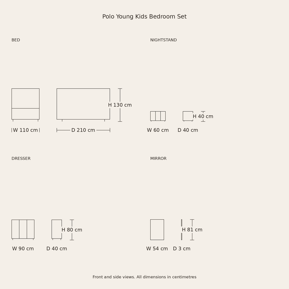 Polo Young Kids Bedroom Set dimensions drawing for bed, nightstand, dresser and mirror