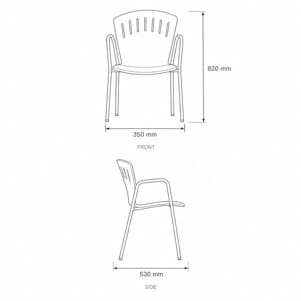 Coral Pink Molded Chair with Chrome Armrests, dimensions drawing