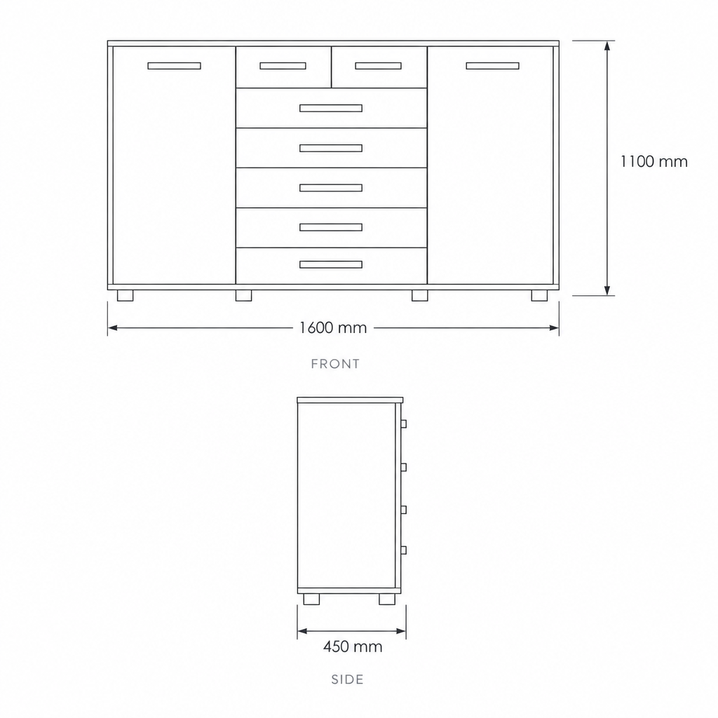 Fontana White 2 Doors Dresser, dimensions drawing