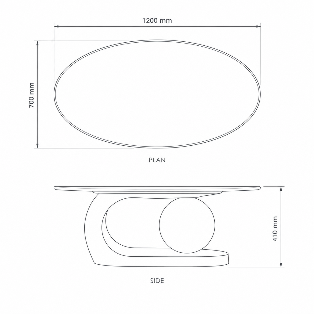 Sculptural Center Table #43, dimensions drawing