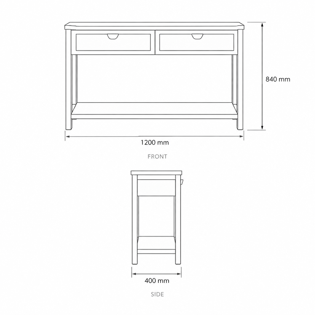 Consote Table #25008, dimensions drawing