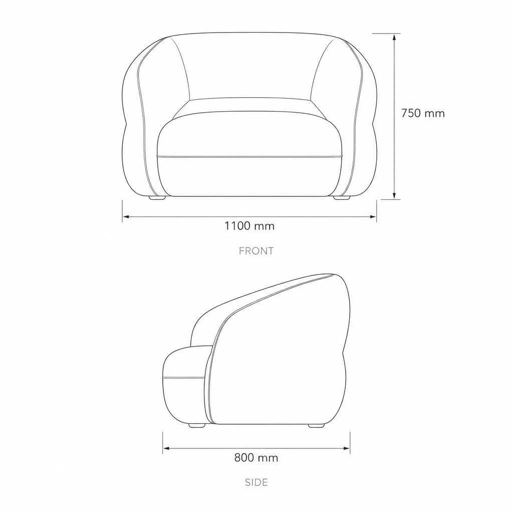 Cream Fabric Living Room Chair, dimensions drawing