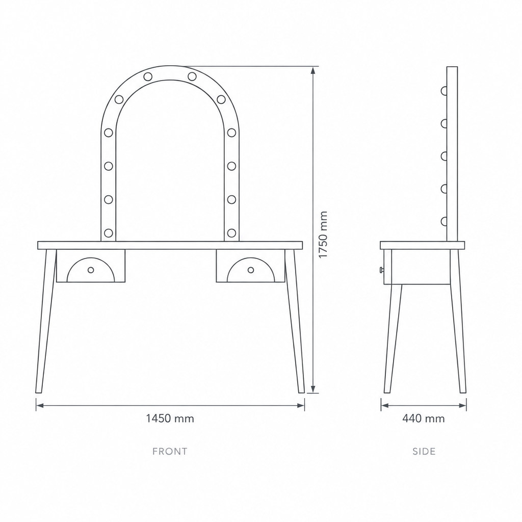 Milos Modern Light Wood Vanity Set with LED Mirror & Pouf, dimensions drawing