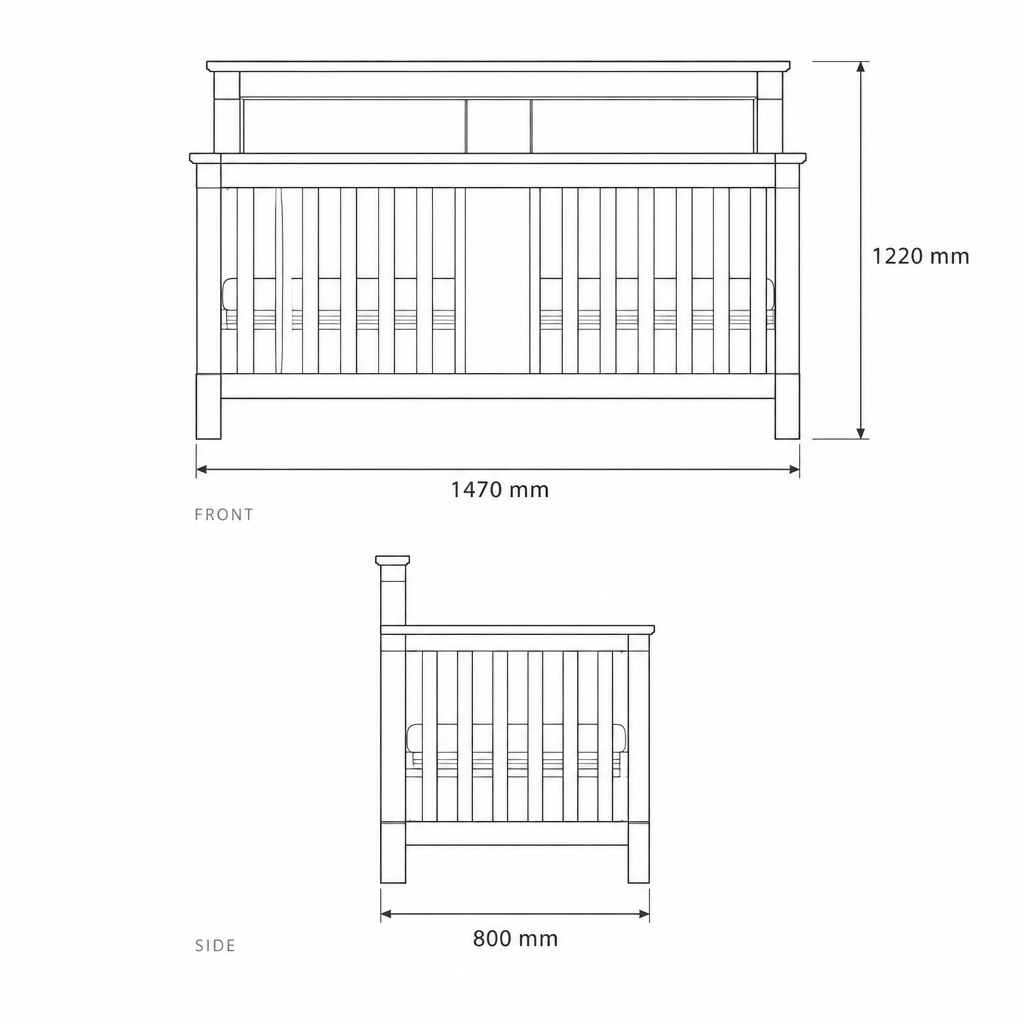 Foldable Black Baby Crib #GH-102, dimensions drawing