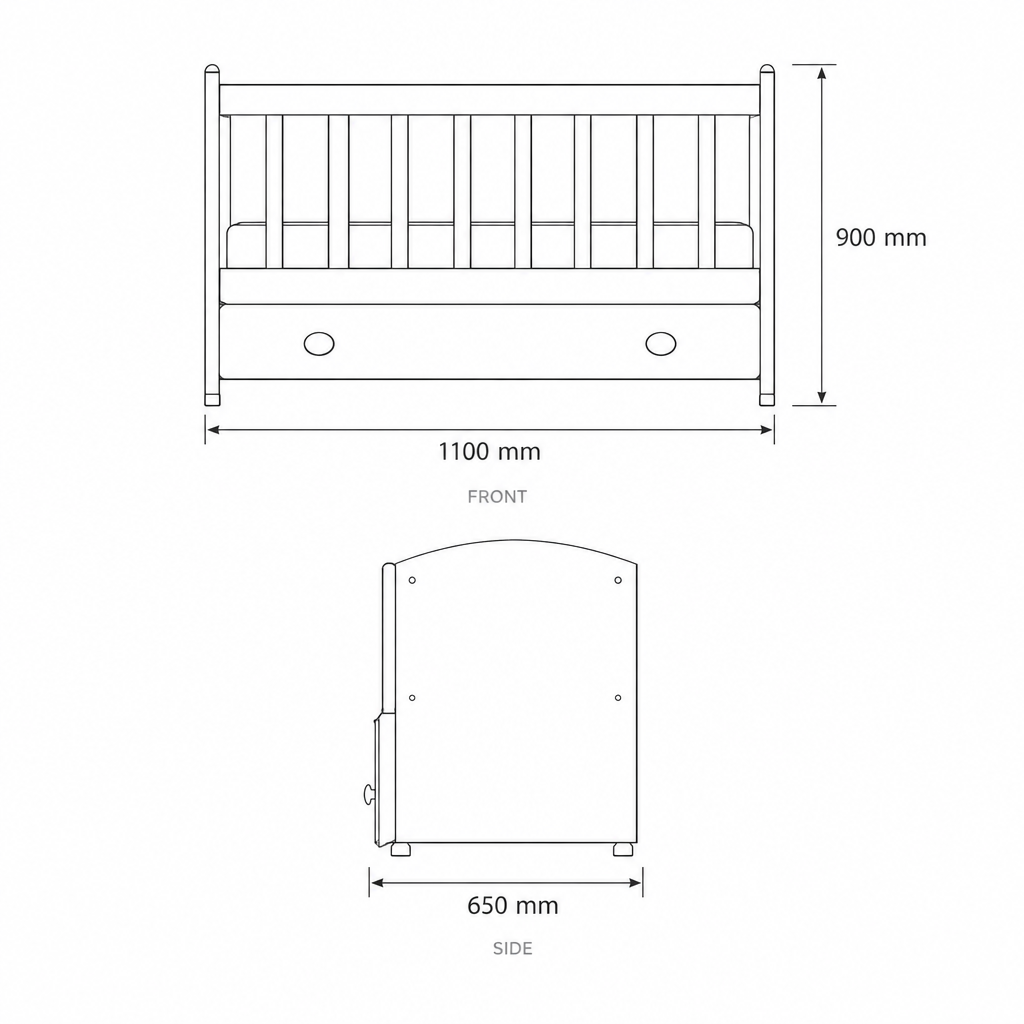 White Foldable Baby Crib #GW-502AW, dimensions drawing