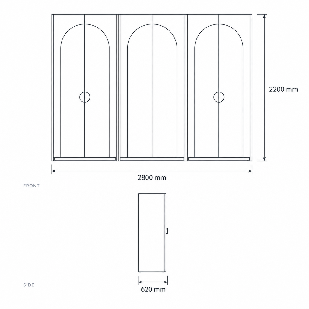 Milos 6 Door Mirrored Wardrobe, dimensions drawing
