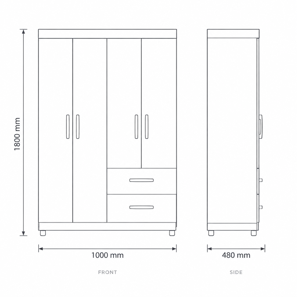 Mobi White 4 Door Wardrobe, dimensions drawing