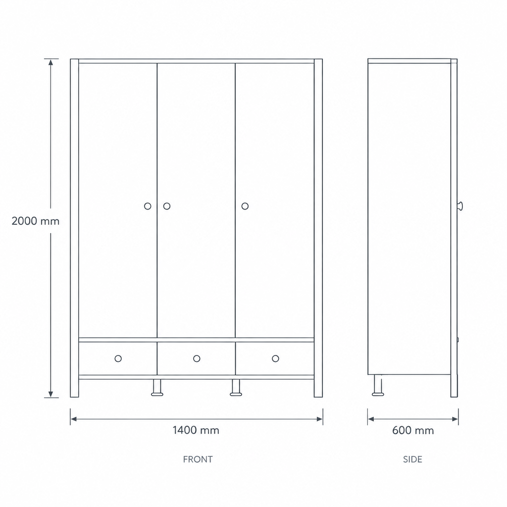 White 3-Door Wardrobe #CTY01GR, dimensions drawing