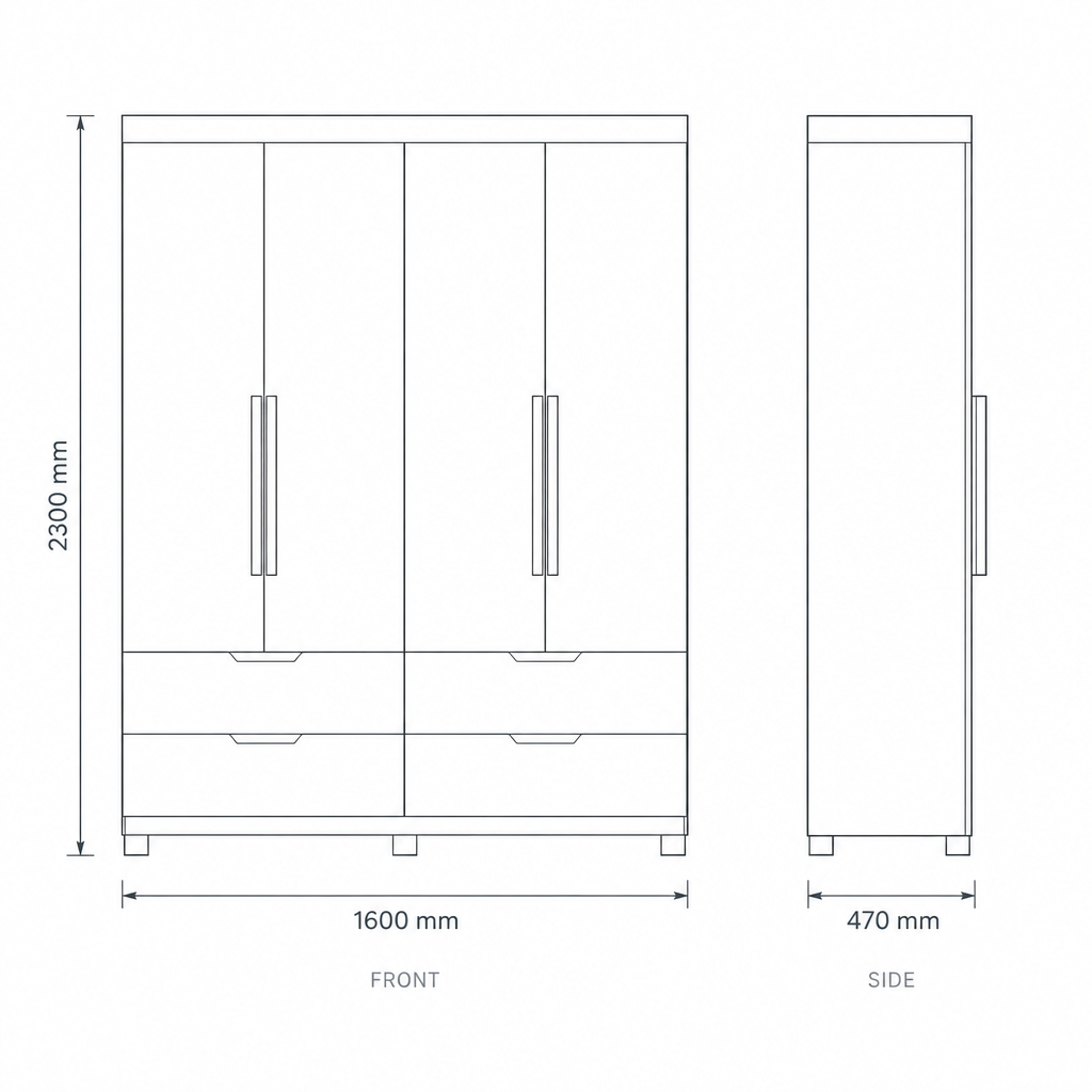 Doble White 4 Door Wardrobe, dimensions drawing