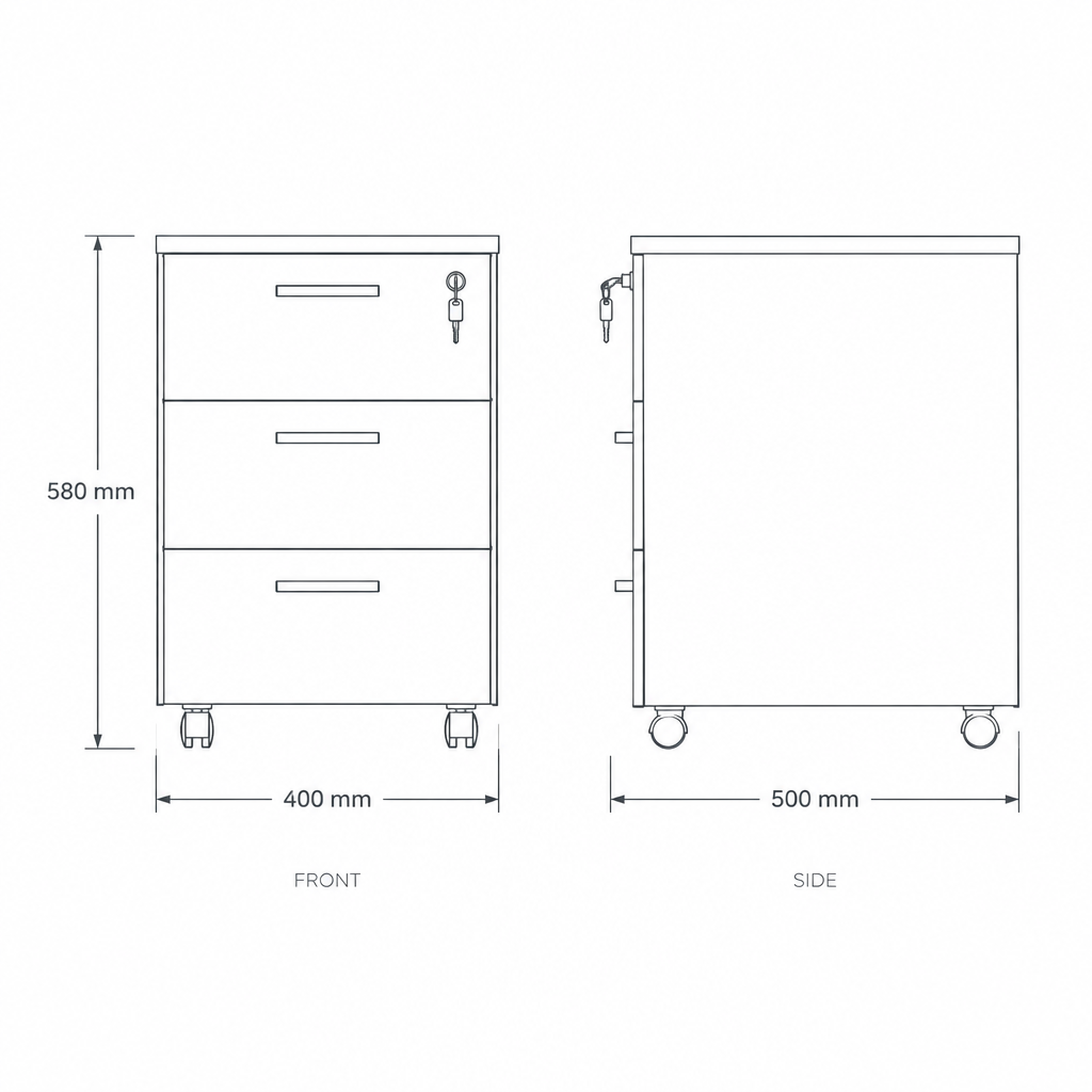 Lockable 3-Drawer Mobile Pedestal Cabinet, dimensions drawing