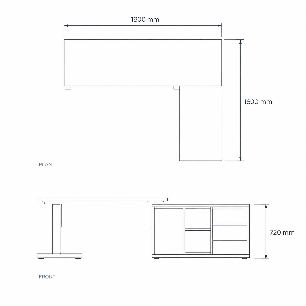 Executive Height Adjustable L-Shaped Desk, dimensions drawing