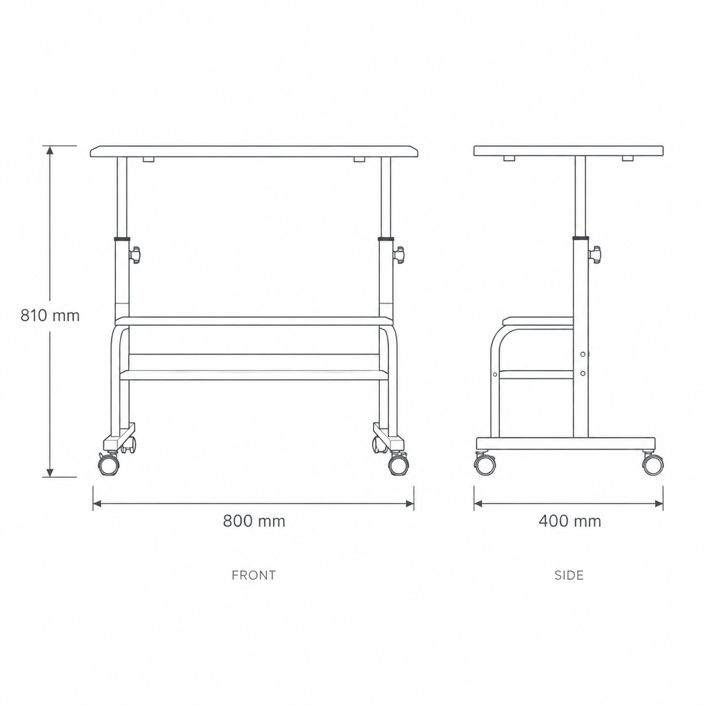 White Height-Adjustable Mobile Study Table, dimensions drawing