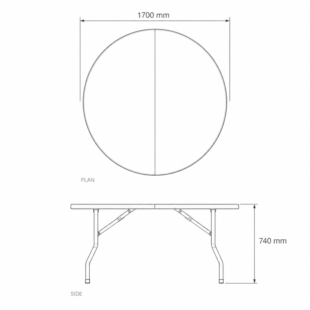 Round White Folding Garden Table #HP-170YZ, dimensions drawing