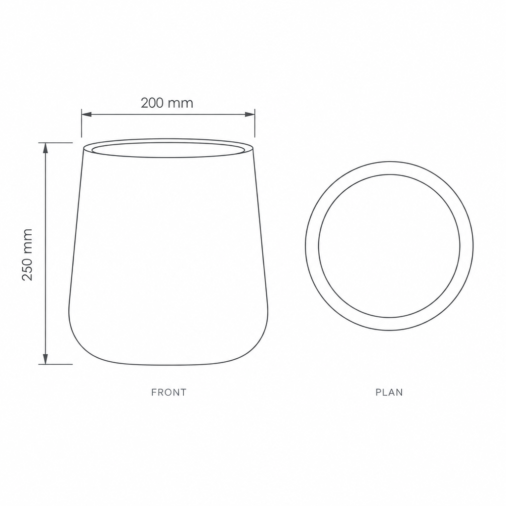 20x25cm Black Fiberclay Planter #KD-003, dimensions drawing