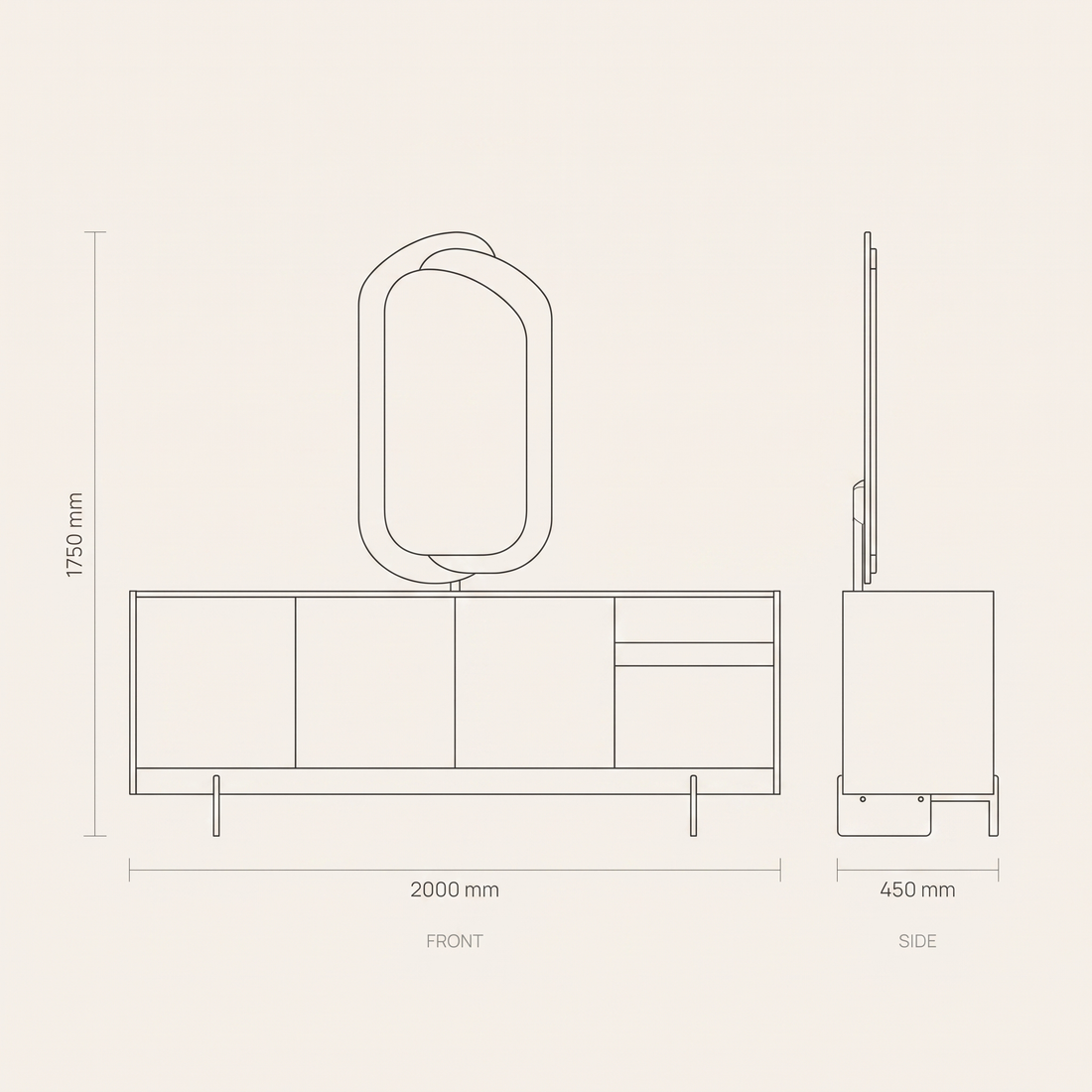 Liza Sideboard with Mirror dimensions drawing