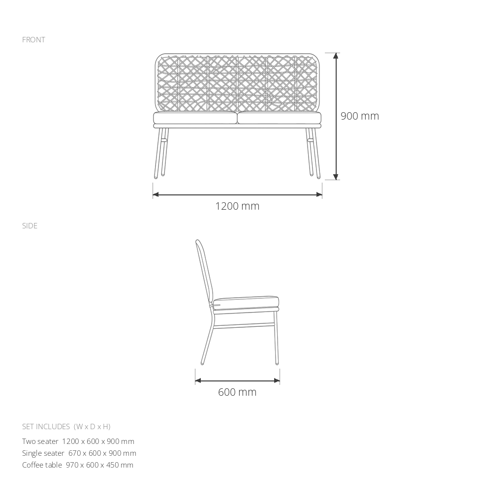 Garden Sofa Set #JHS287 dimensions drawing