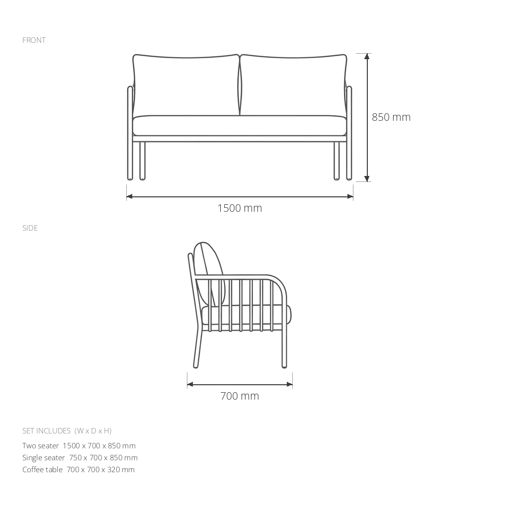 Garden Sofa Set #SL-6002 dimensions drawing