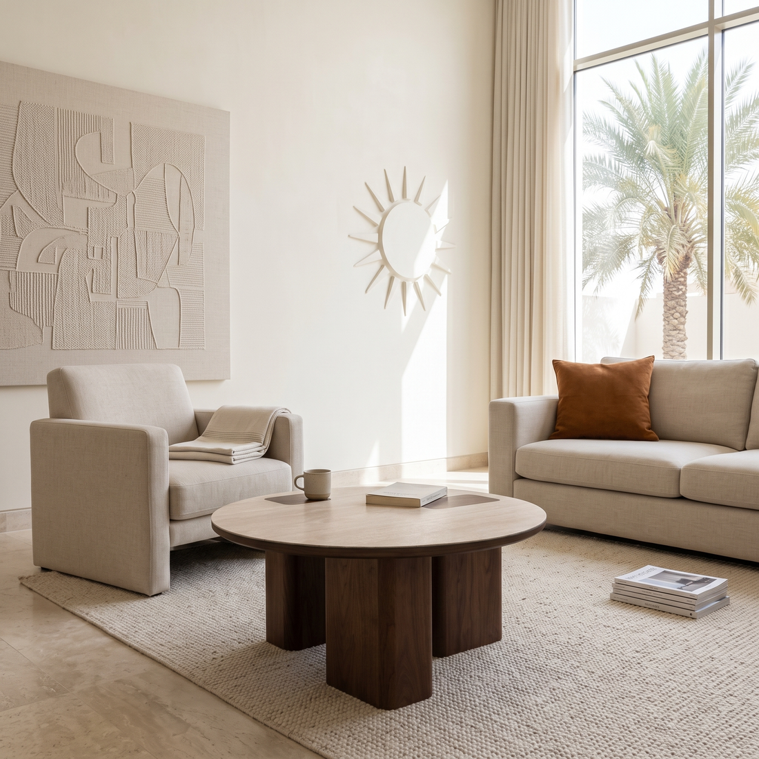 A living room in Muscat with a travertine-finish coffee table