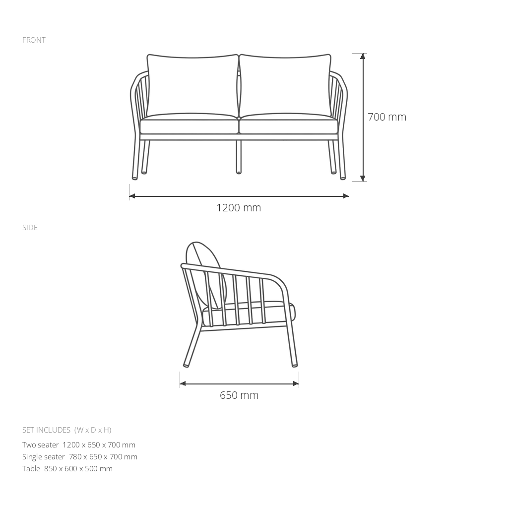 Garden Sofa Set #SL-6001 dimensions drawing