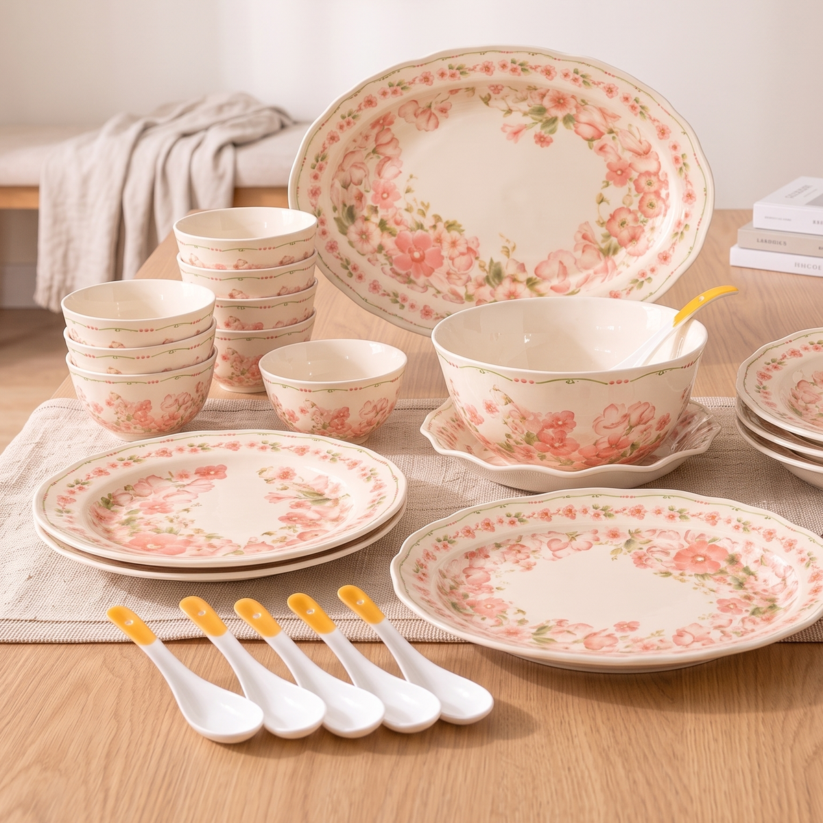 Closer low view of the Yanhe floral bowls, plates and spoons