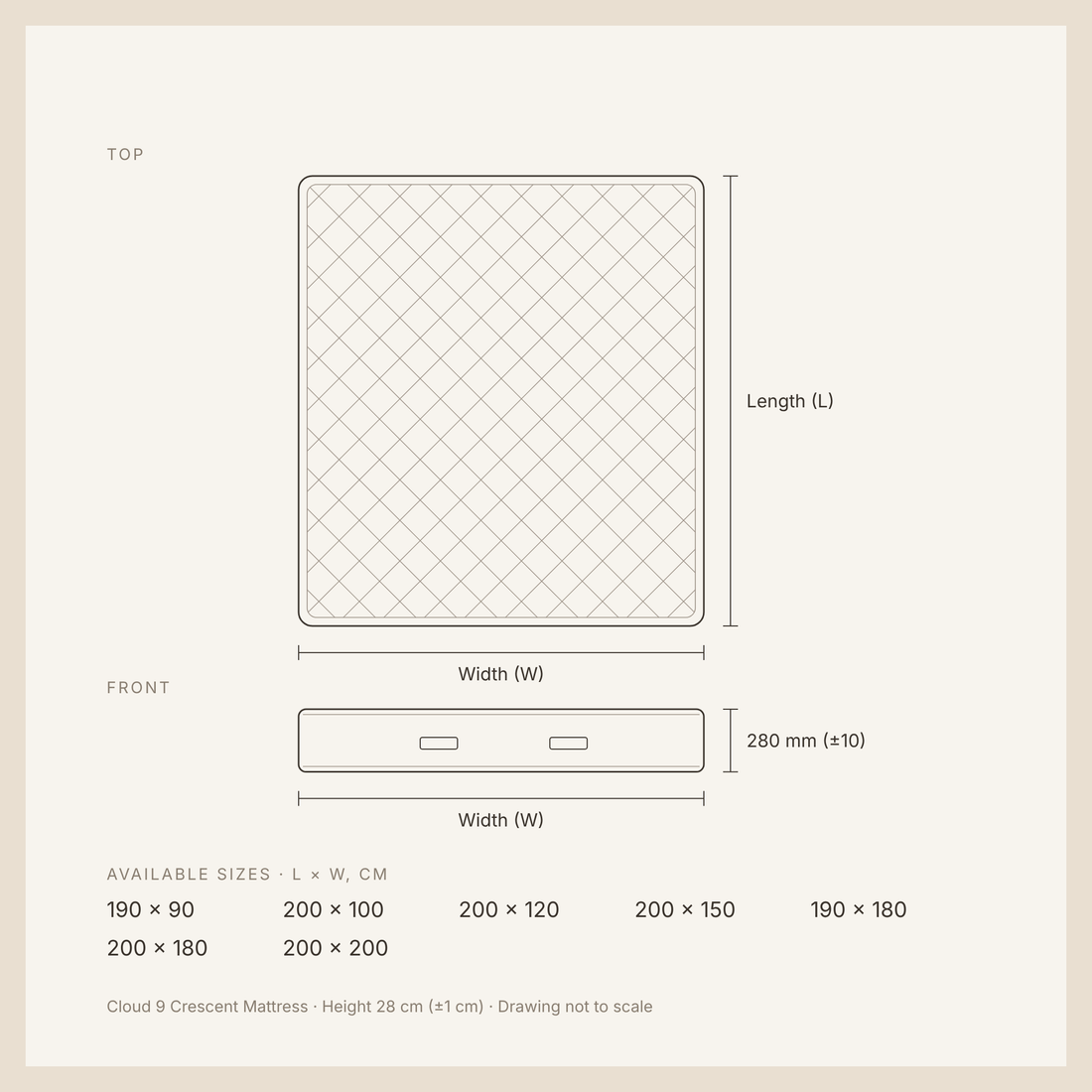 Cloud 9 Crescent Mattress dimensions drawing with available sizes and height