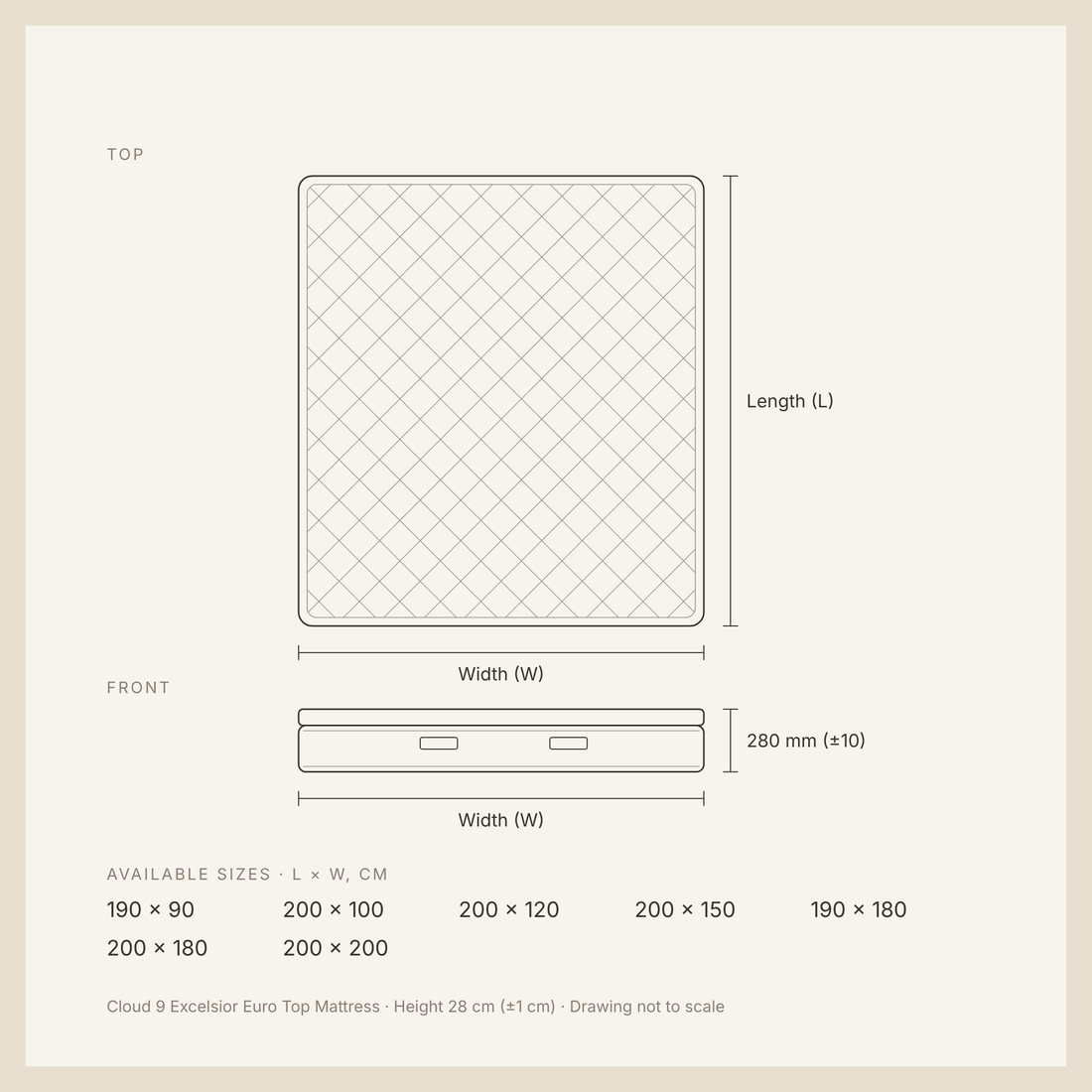 Cloud 9 Excelsior Euro Top Mattress dimensions drawing with available sizes and height