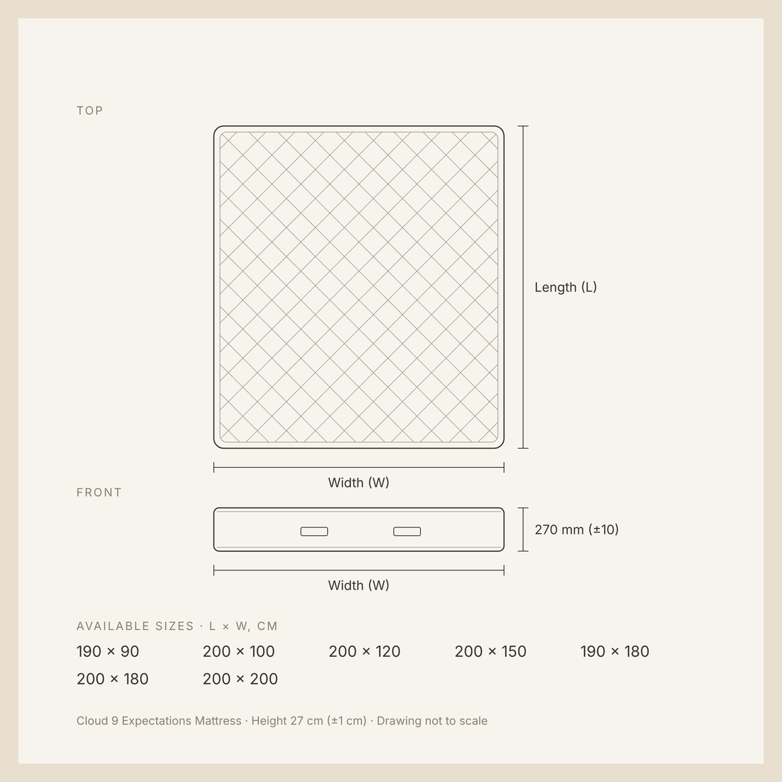 Cloud 9 Expectations Mattress dimensions drawing with available sizes and height