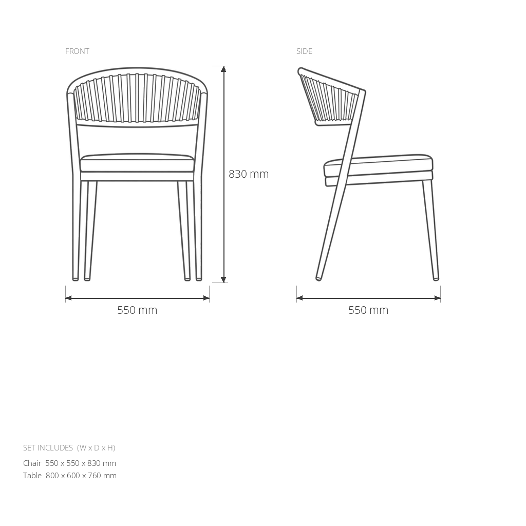 Windsor Garden Set #RC-2307 dimensions drawing