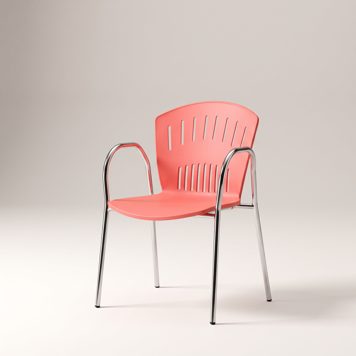 Coral Pink Molded Chair with Chrome Armrests, studio view