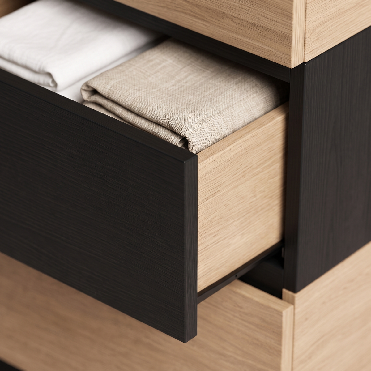 Black & Oak Modular Drawer Chest, styled detail