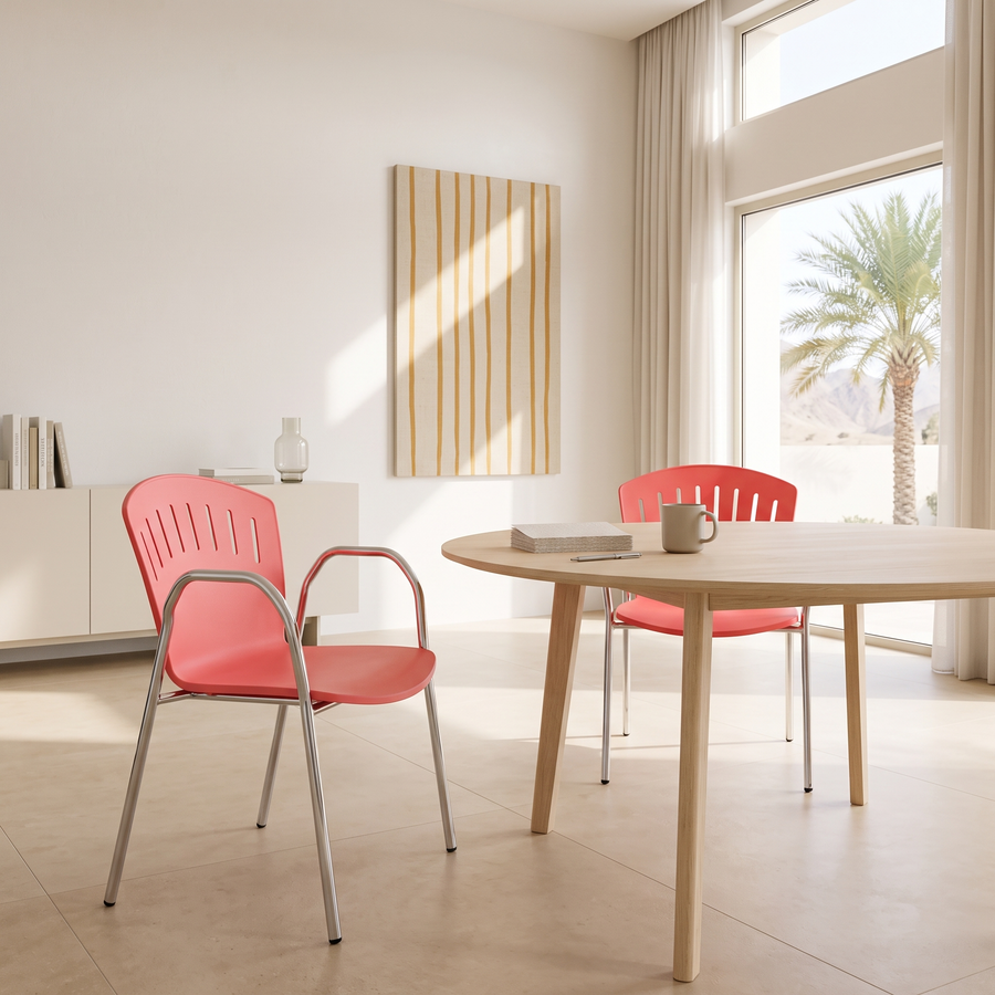 Coral Pink Molded Chair with Chrome Armrests