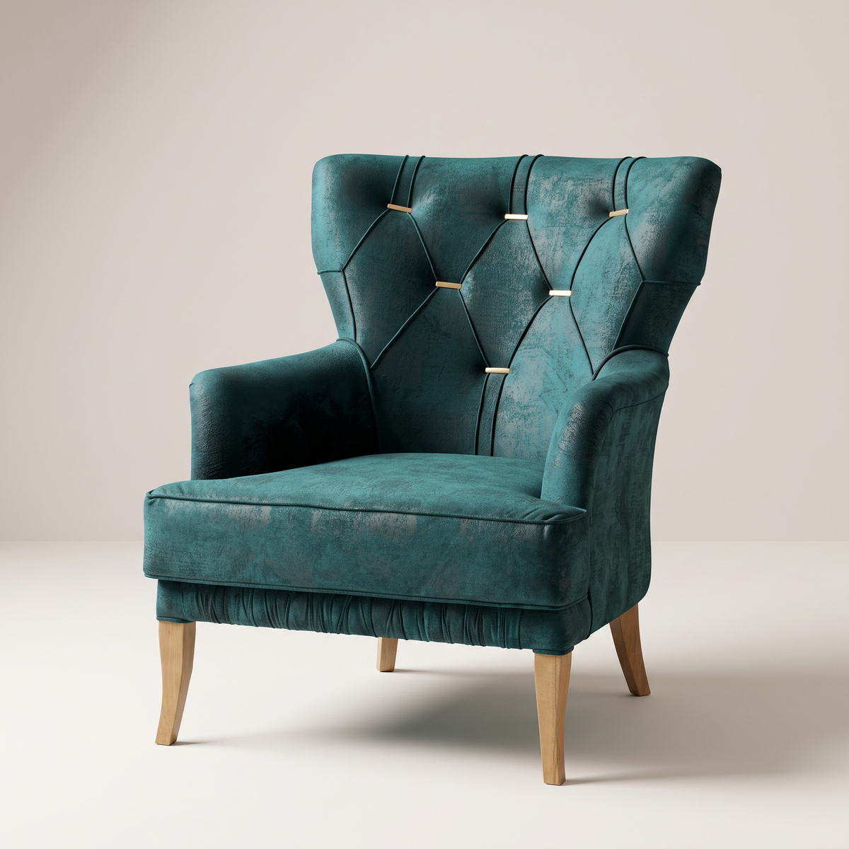 Leopar Teal Velvet Armchair with Gold Accents, studio view