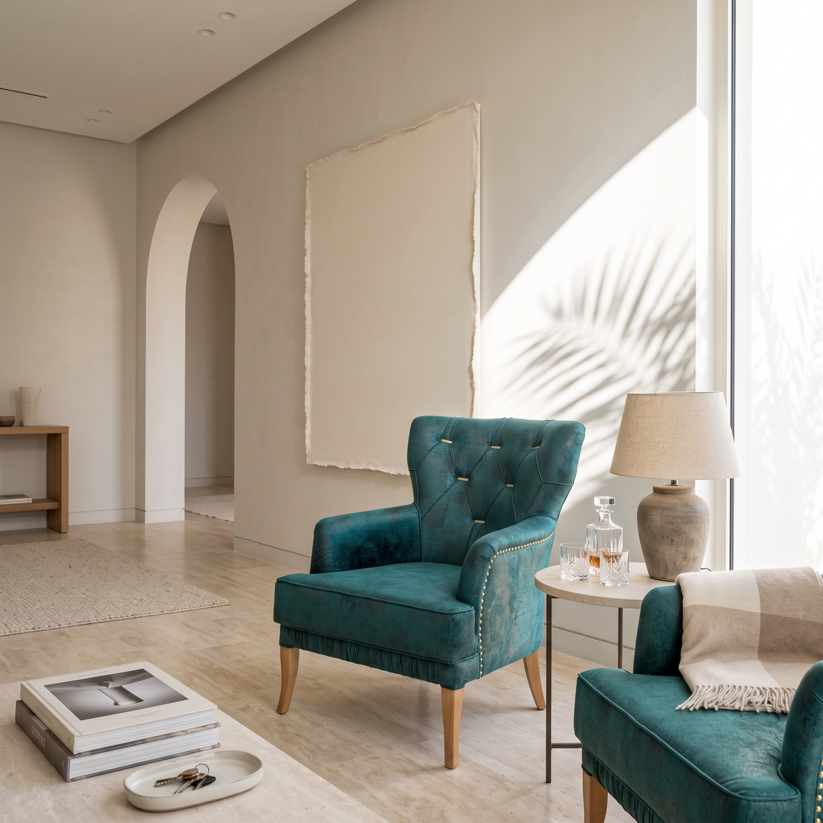 Leopar Teal Velvet Armchair with Gold Accents, second room view