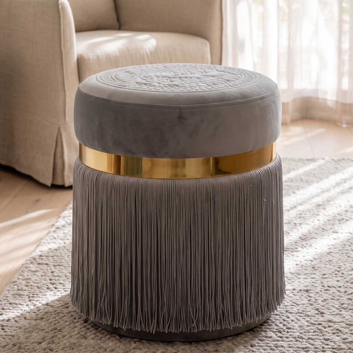 Charisma Grey Pouf, close view