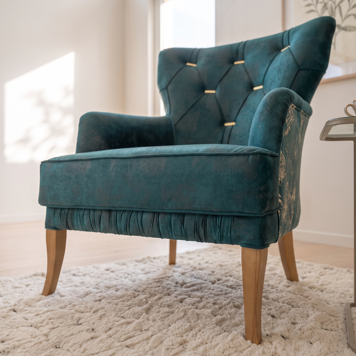 Leopar Teal Velvet Armchair with Gold Accents, close view