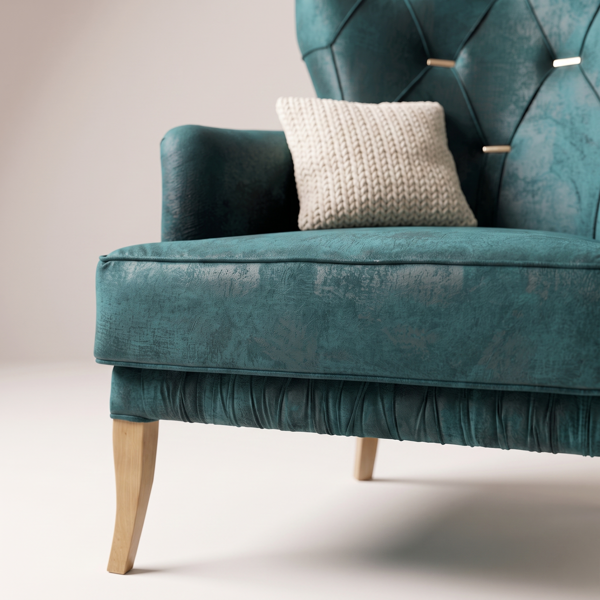 Leopar Teal Velvet Armchair with Gold Accents, styled detail
