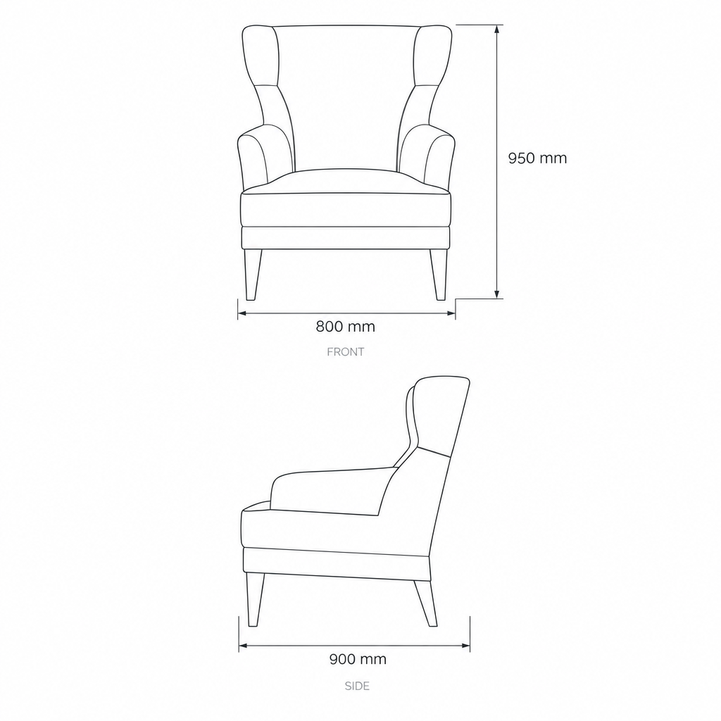 Leopar Teal Velvet Armchair with Gold Accents, dimensions drawing