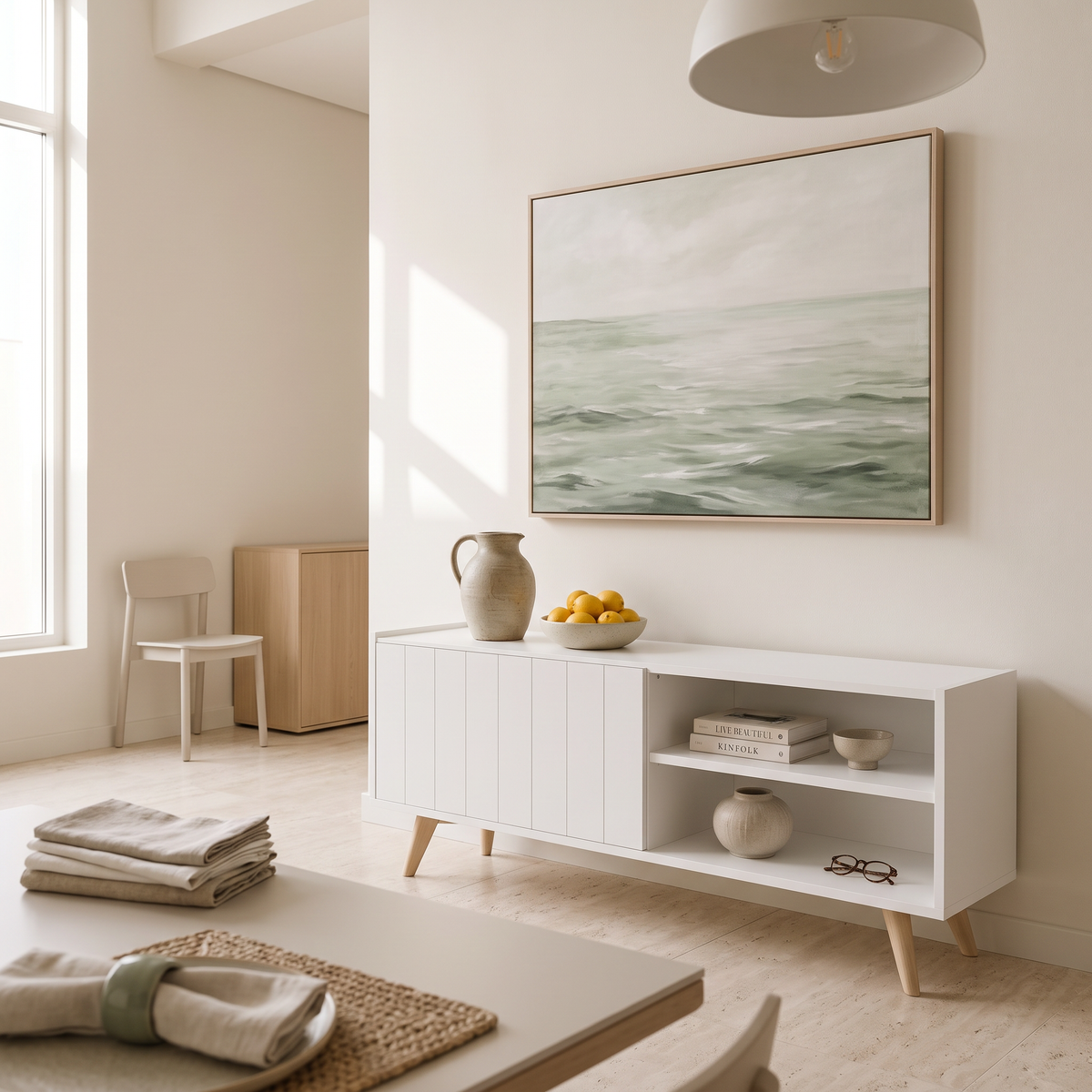 Space White TV Stand, second room view