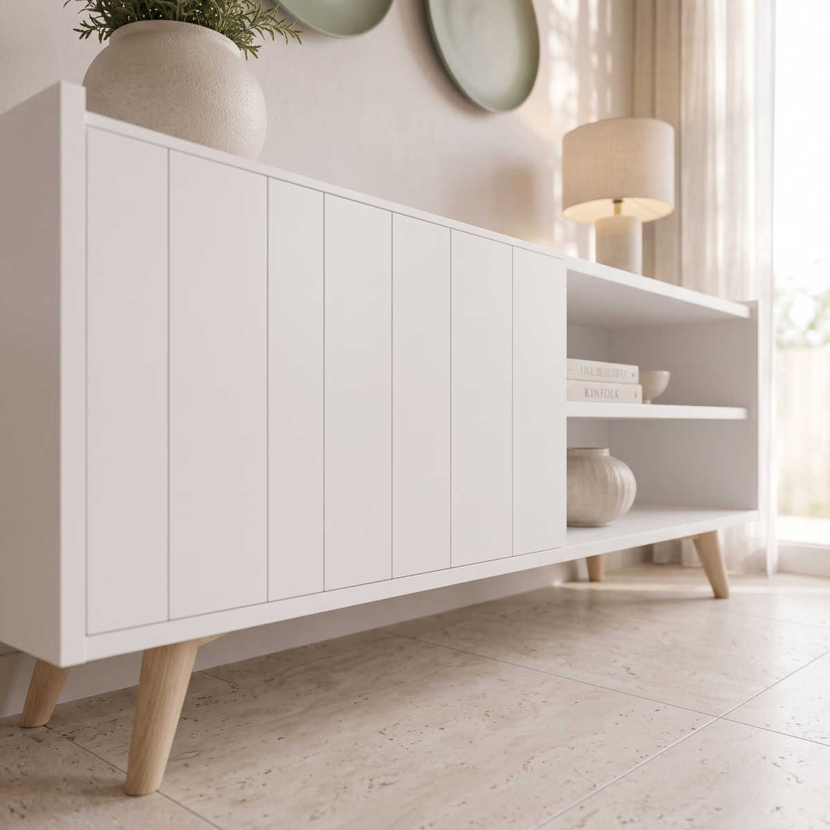 Space White TV Stand, close view