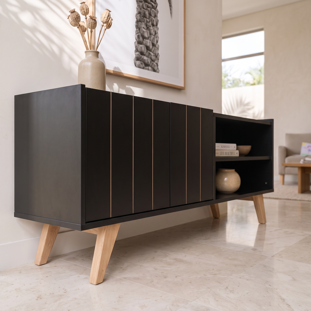 Space Black TV Stand, close view