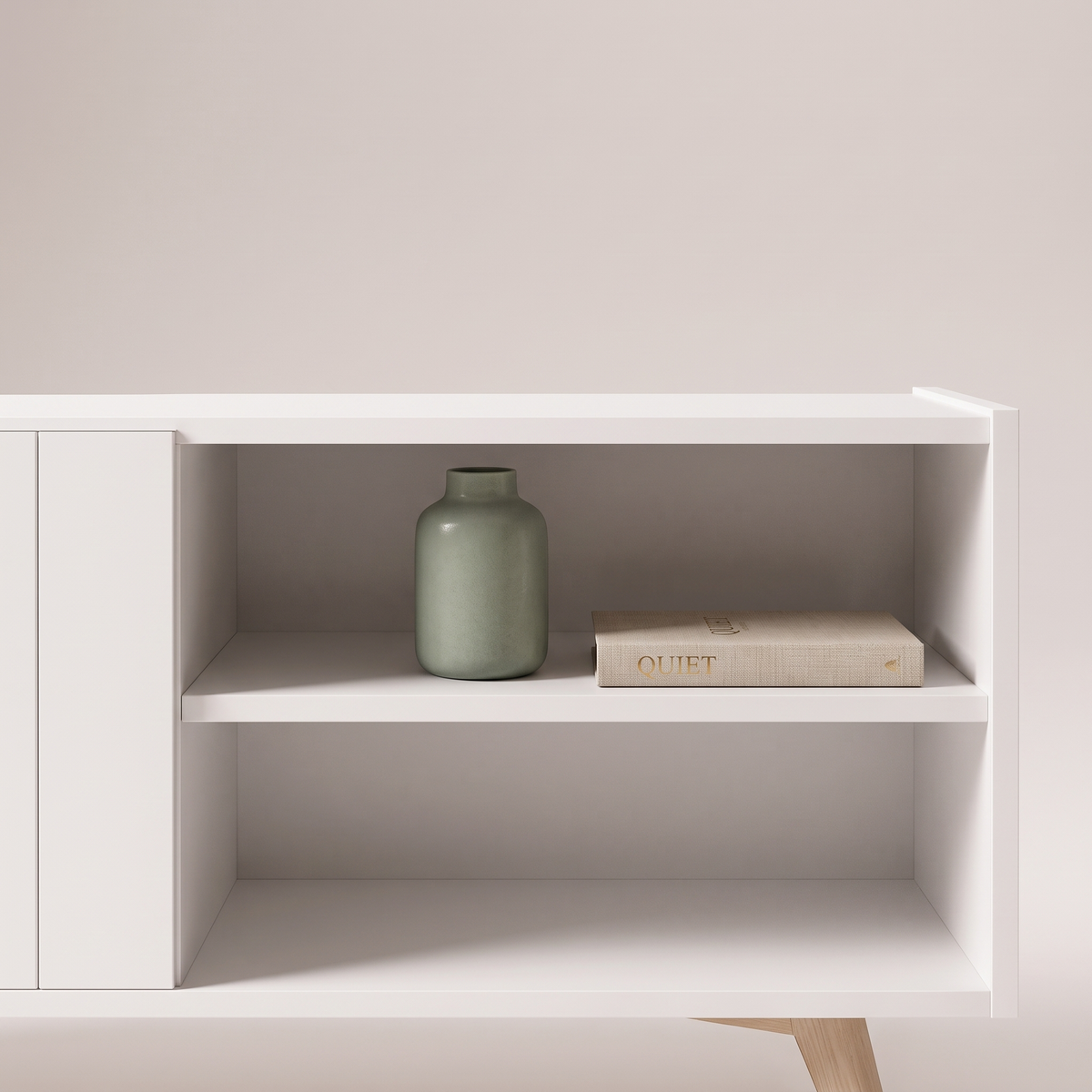 Space White TV Stand, styled detail