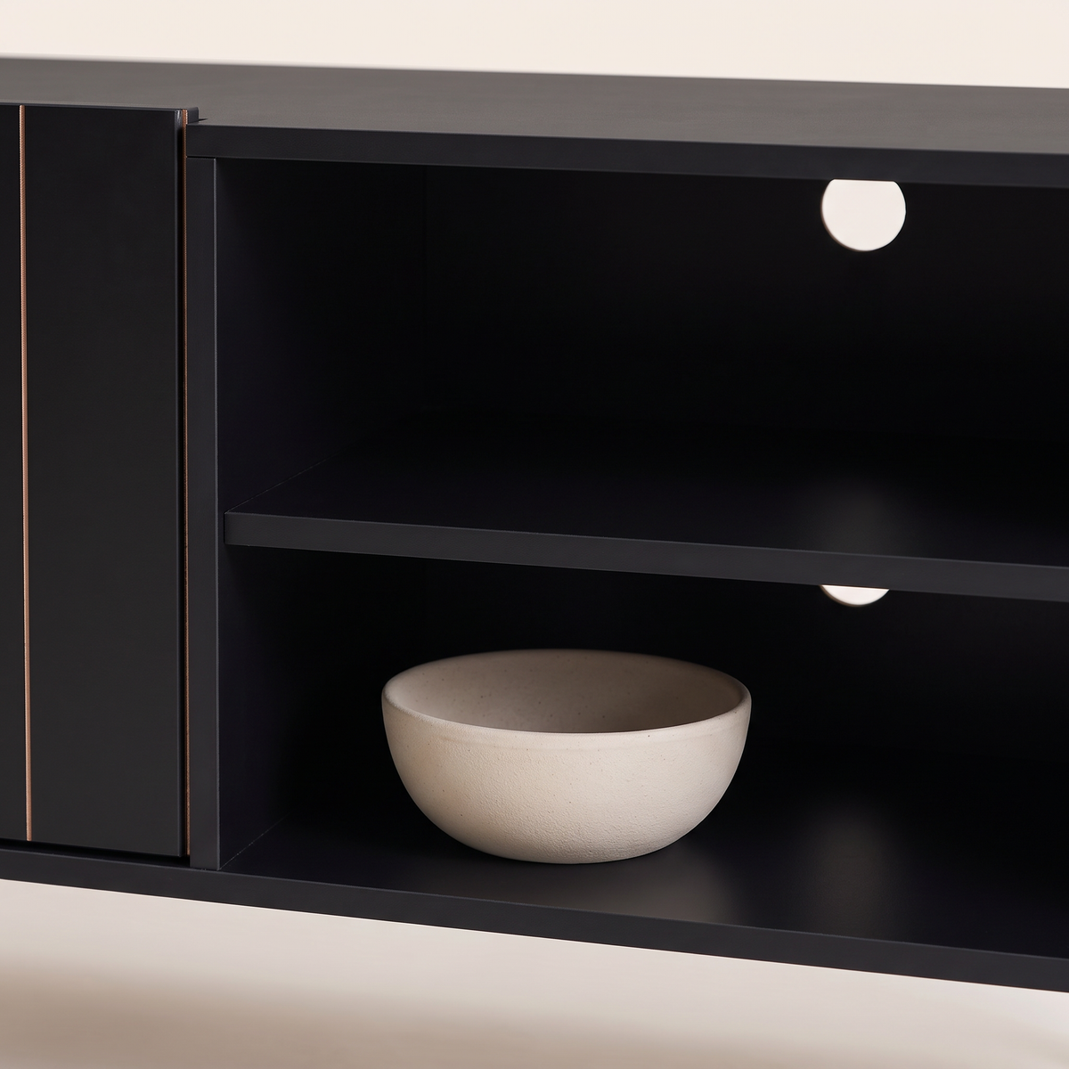 Space Black TV Stand, styled detail