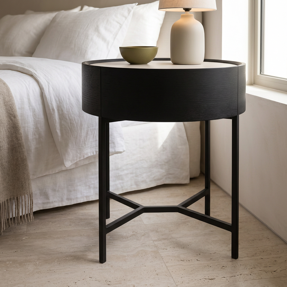 Round Black Nightstand #608S, close view