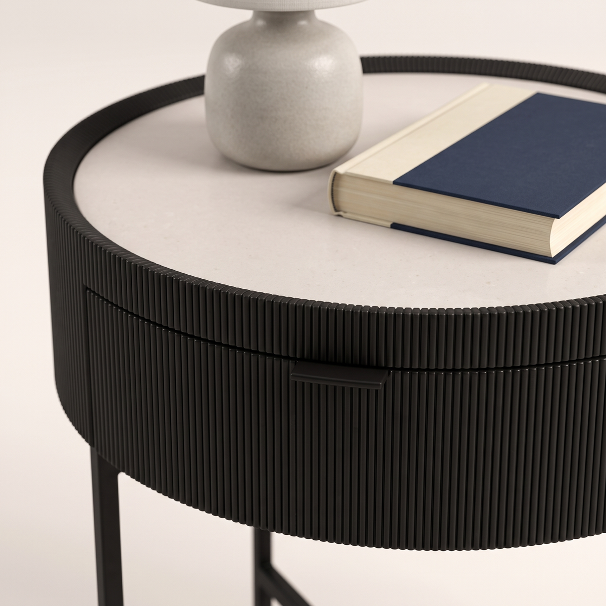 Round Black Nightstand #608S, styled detail