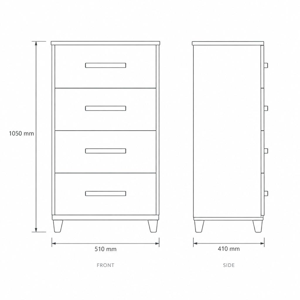 Mobi White 4 Drawer Chest, dimensions drawing