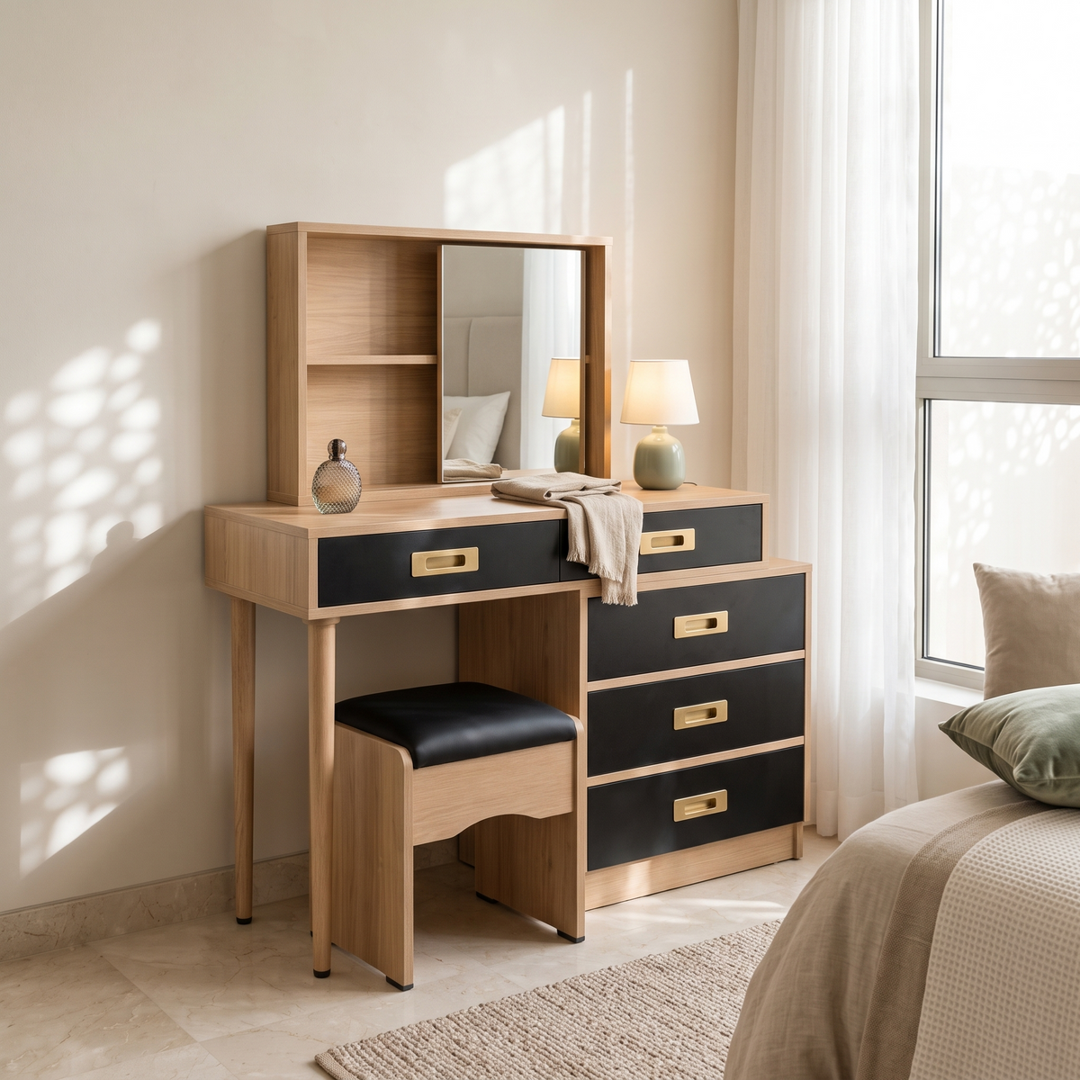 Oak & Black Dressing Table Set in a Muscat home